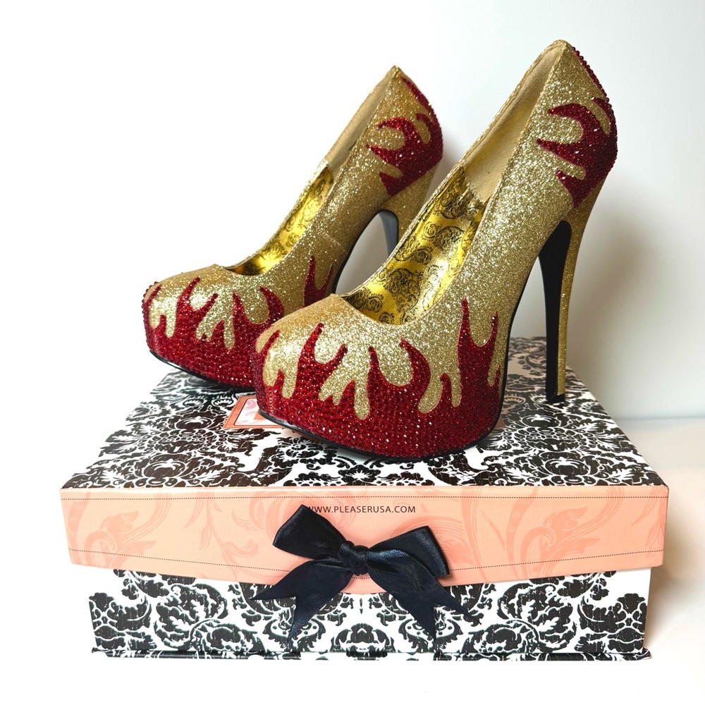 Pleaser Bordello Gold and Red Flame Heels NEW